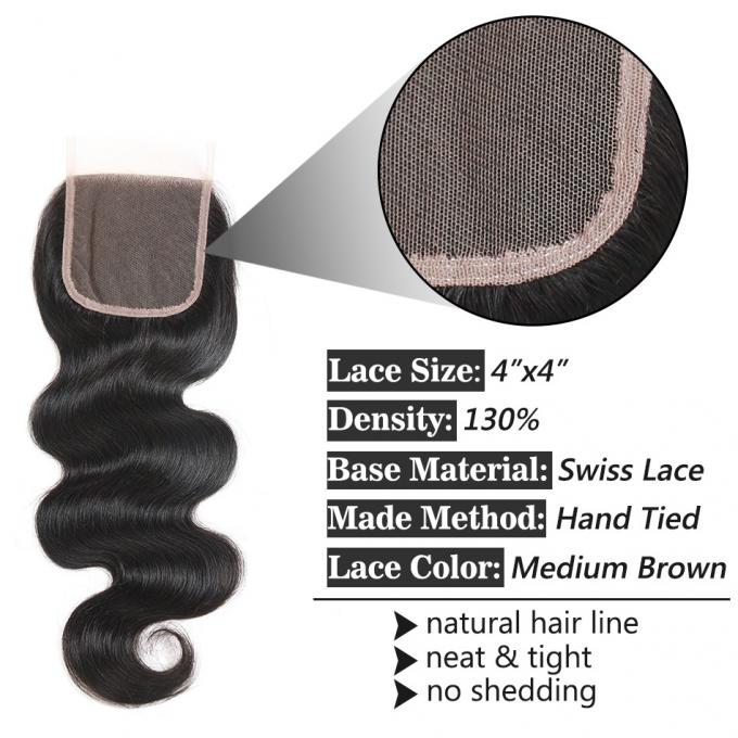 ブラジル ボディ波の20"へのスイスのレースの閉鎖8"自然で黒い色のバージンの毛材料